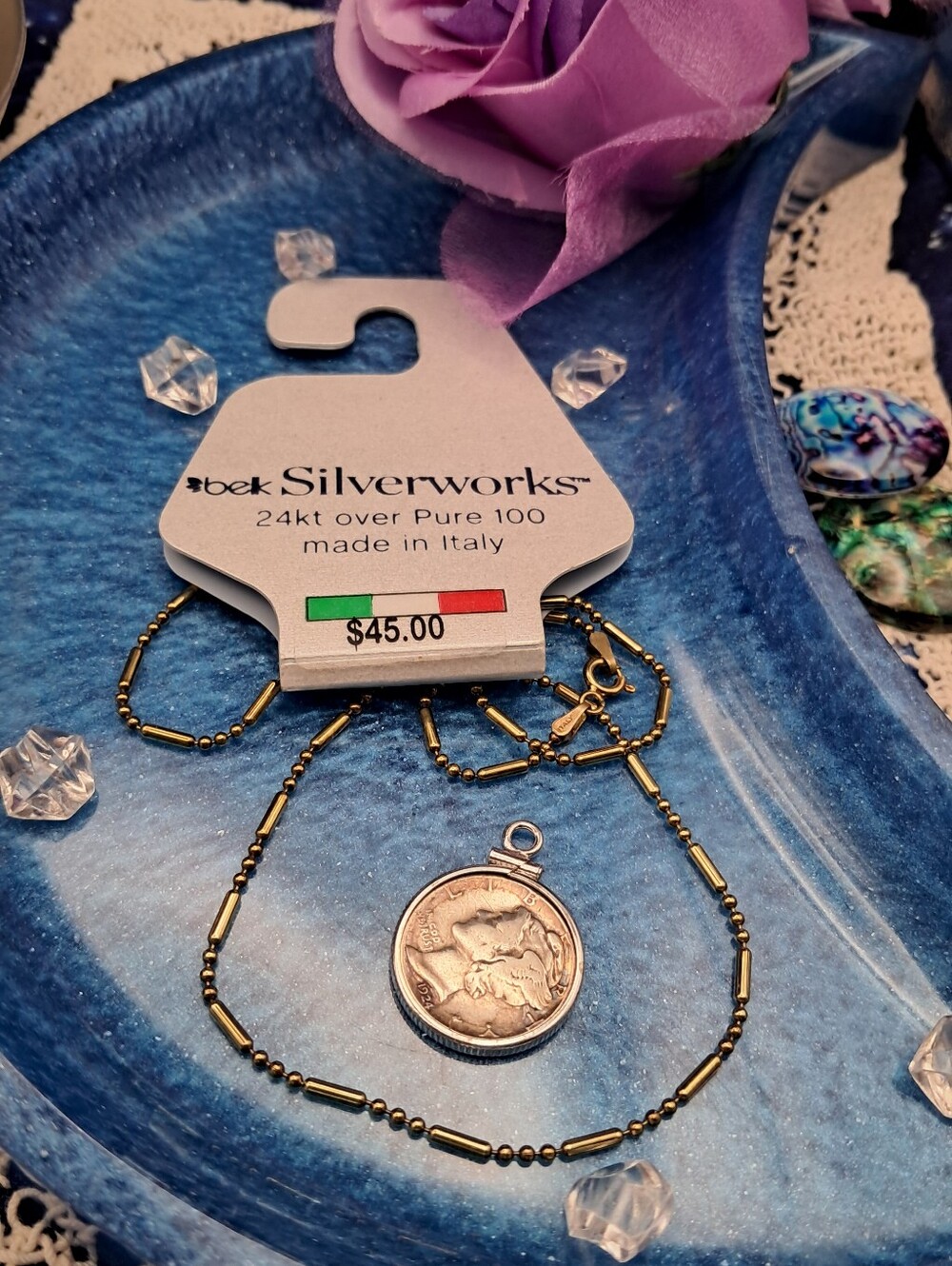 Exquisite 1924 Silver Liberty Mercury Dime & NWT 24k Gold over Silver Chain